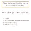 inhoudsopgave van een zadenpakket voor je eigen konijnentuin: Zaden, zaai-instructies, plantenstekertjes en een informatieboekje.