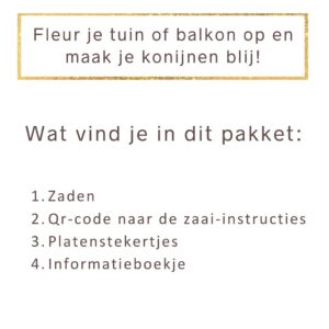 inhoudsopgave van een zadenpakket voor je eigen konijnentuin: Zaden, zaai-instructies, plantenstekertjes en een informatieboekje.