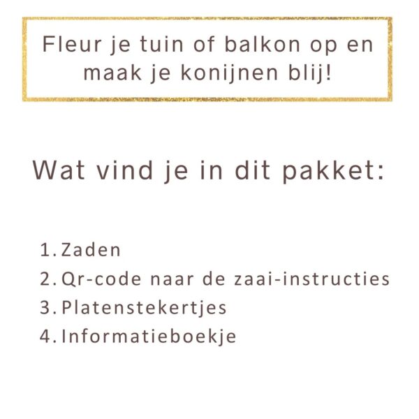 inhoudsopgave van een zadenpakket voor je eigen konijnentuin: Zaden, zaai-instructies, plantenstekertjes en een informatieboekje.